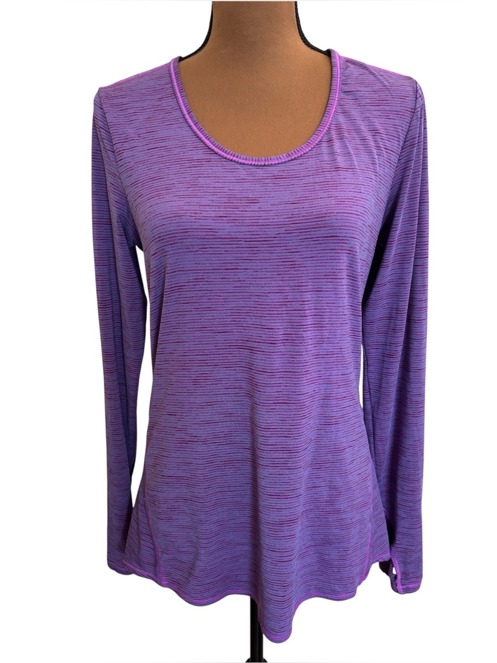 Athleta Heather Chi Top Sparkle Purple Gray Stripe Crew Neck Shirt Size M